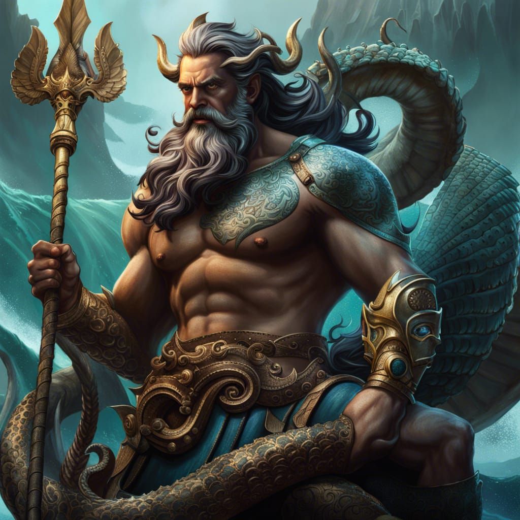 Poseidon on Kraken in Ultrarealistic Style