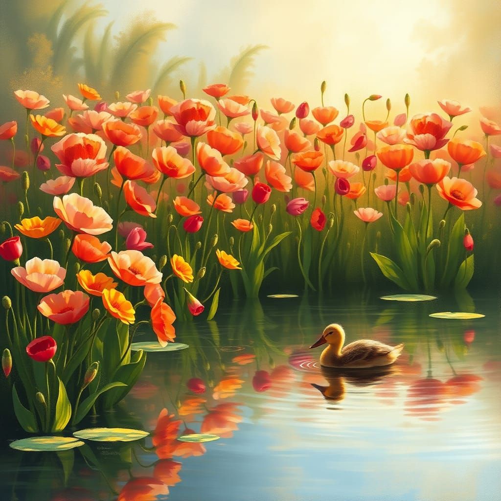 Psychedelic Poppies and Duckling in Kinkade Style