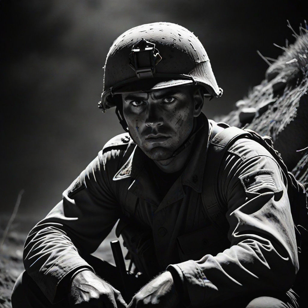 Gritty Black and White Cinematic Scene of a Marine in a Foxh...