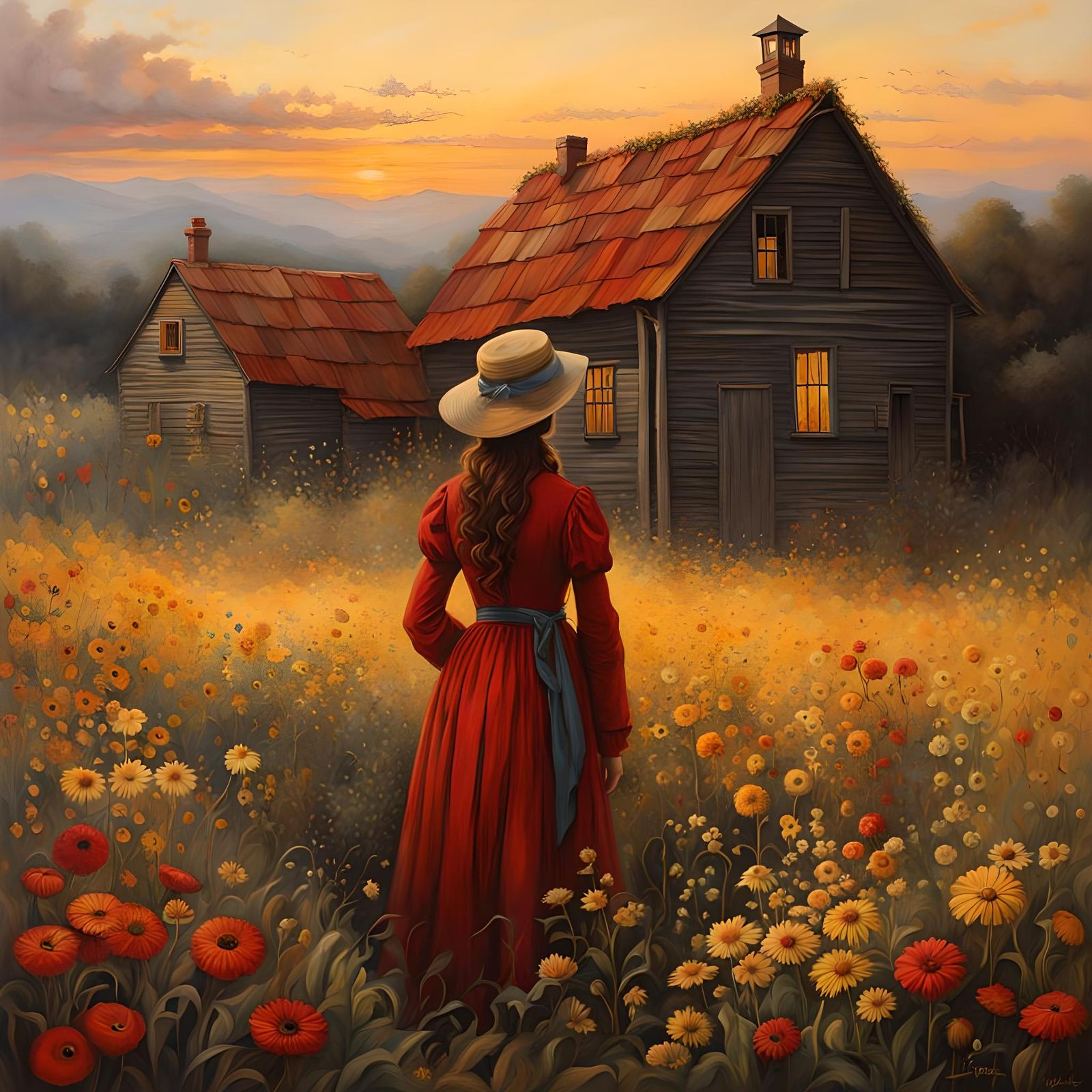 Farmhouse Sunset: Hyperrealistic Watercolor and Ink Art