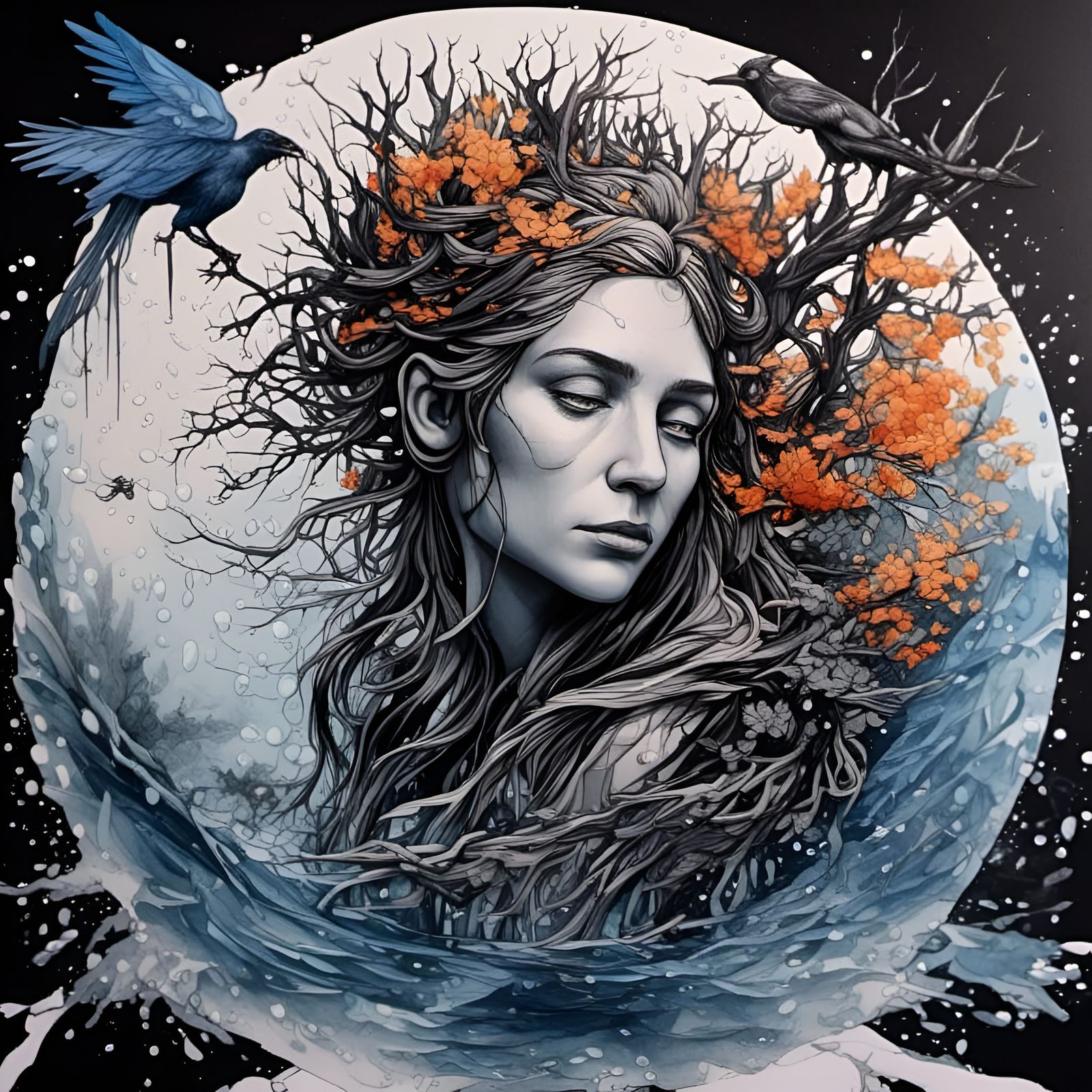 <lora:My2:1.0> Black Ink Art of Omimimo The Pure Water Token.