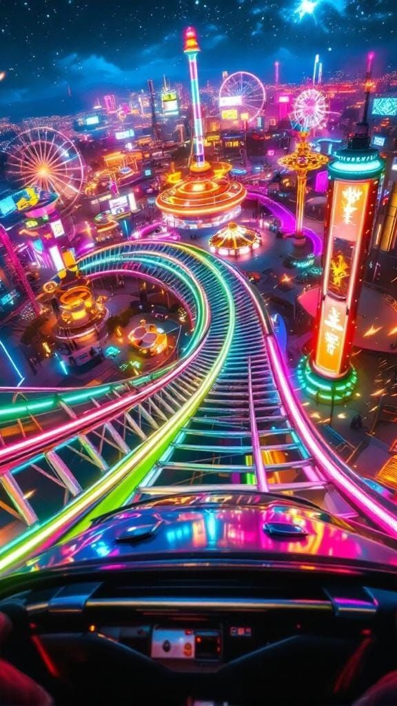 Neon Rollercoaster Ride in Futuristic Cyberpunk Amusement Pa...