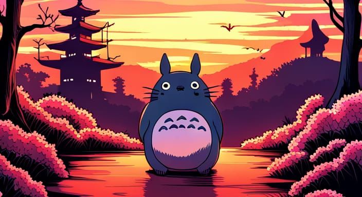 Totoro in Japanese Garden, Ghibli Style