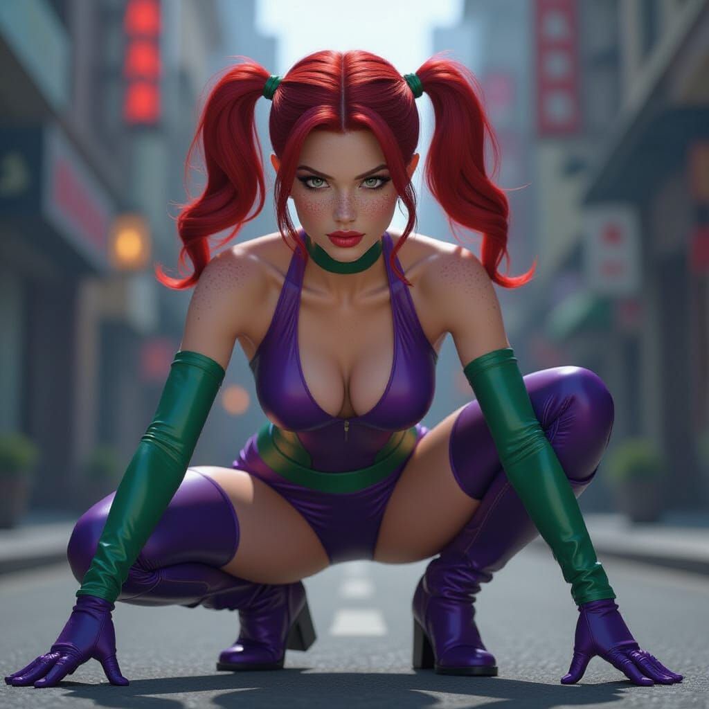 Superheroine in Purple and Green Costume