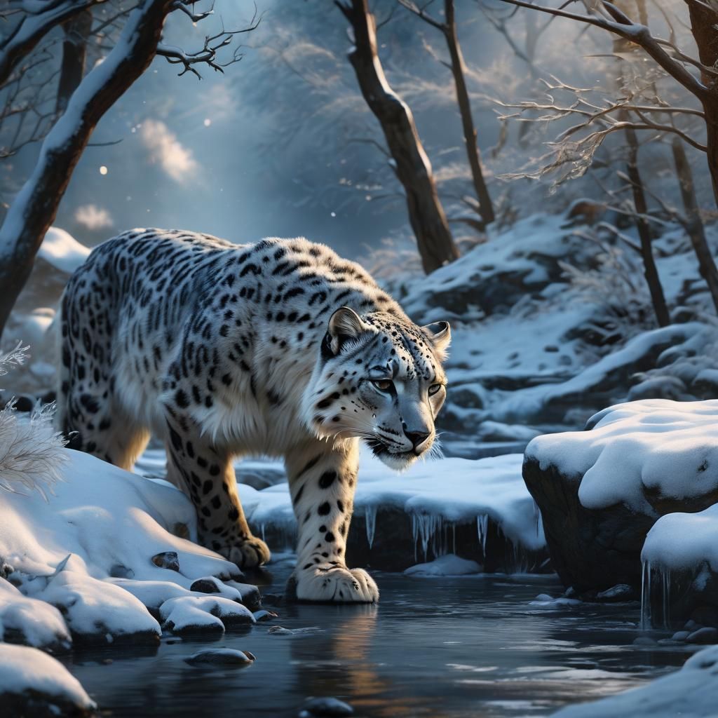 Snow Leopard Drinking From Stream: Digital Matte Painting