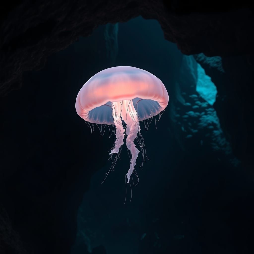 Bioluminescent Jellyfish in Deep-Sea Cave: 3D Render