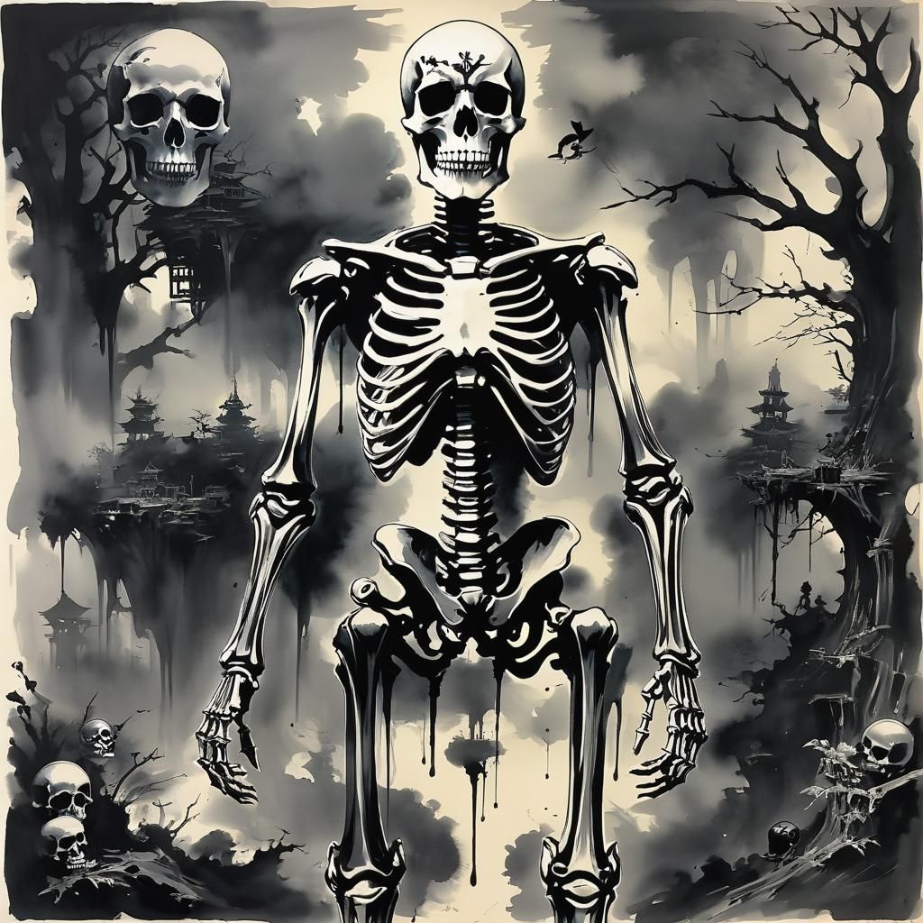 Darkpunk Skeleton Cityscape in Chinese Ink Style