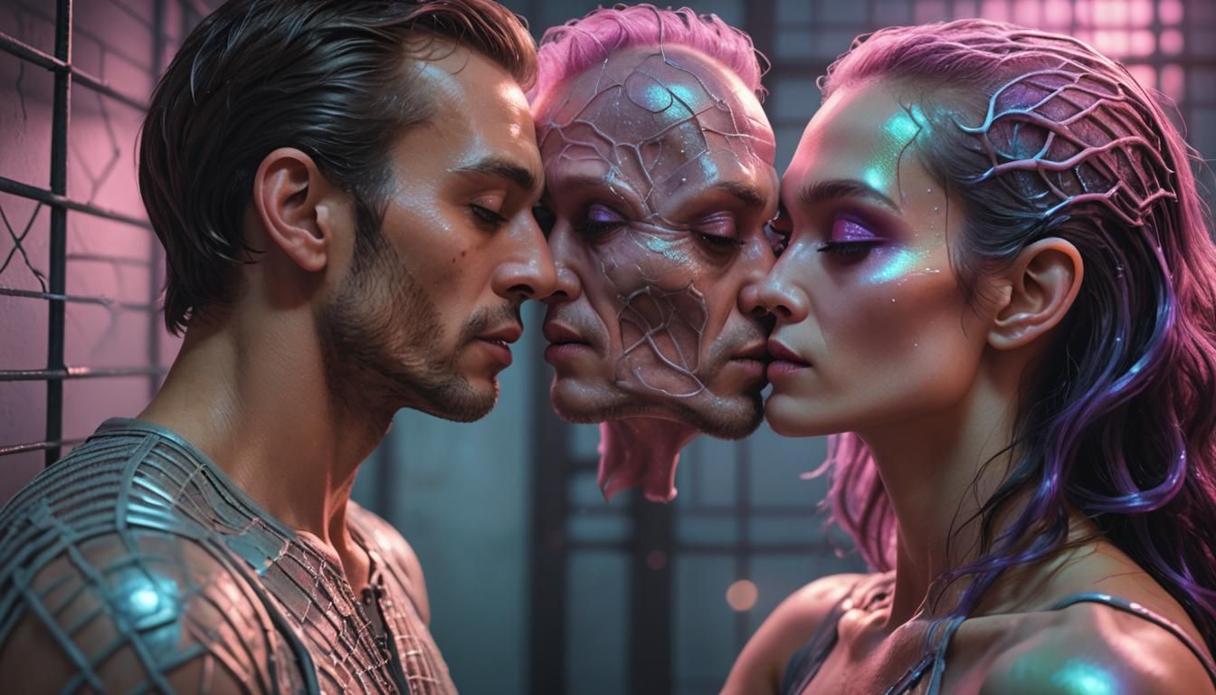 Alien Woman and Man Kiss in Prison Cell