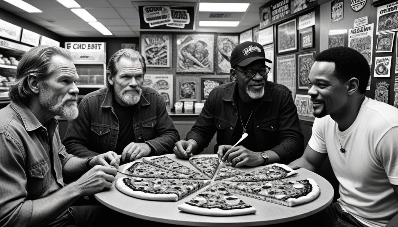 Famous Actors Eat Pizza: Black and White Comic Art