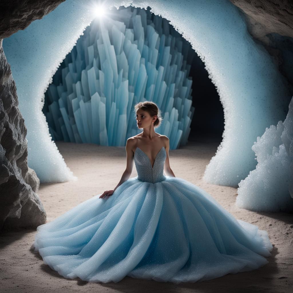 Crystal Cave with Girl in Gown, Digital Art