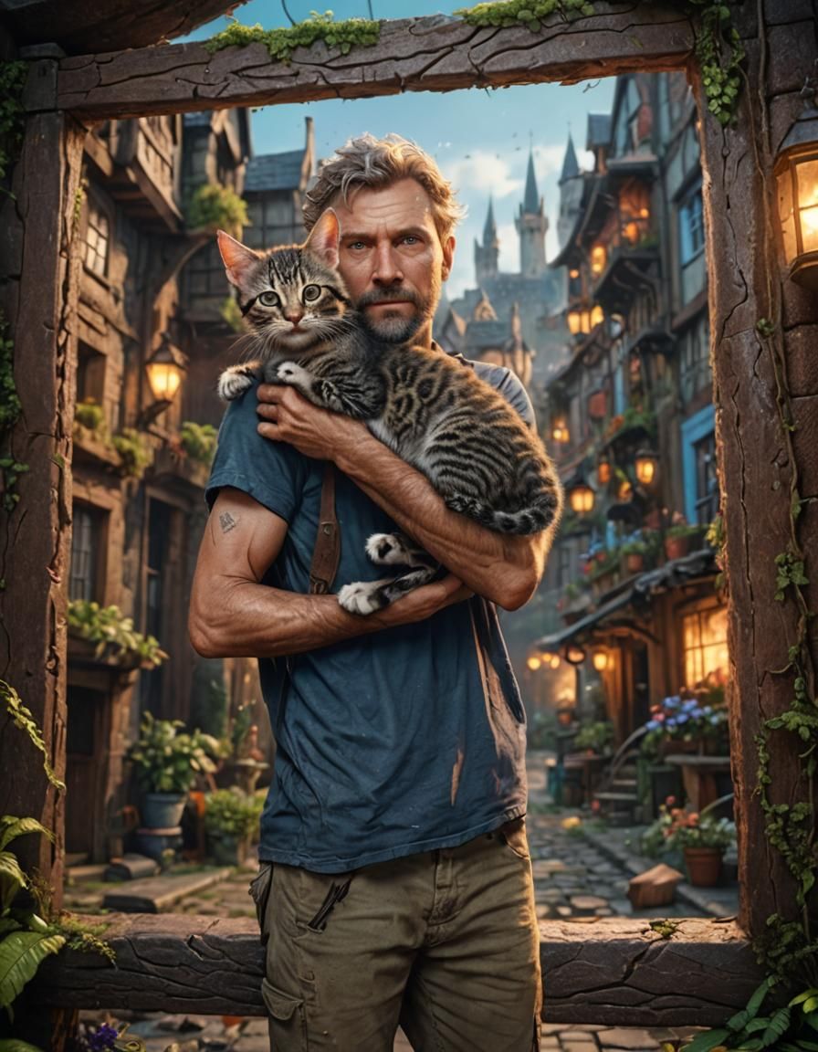 Man Holding Devon Rex Kitten: Detailed Matte Painting
