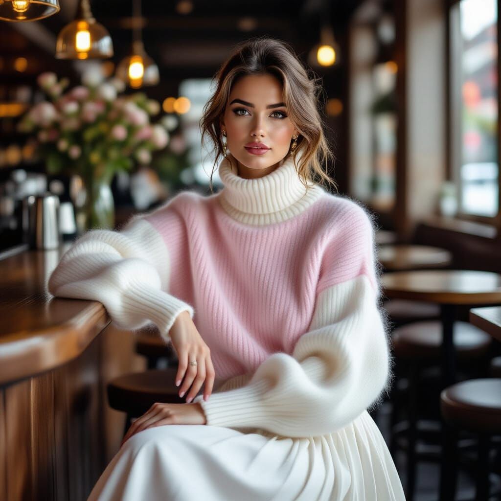 Woman in Scandinavian Mohair Sweater on Barstool
