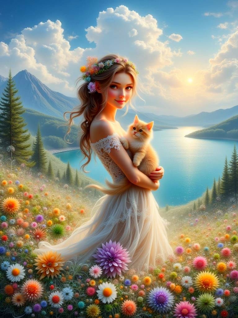 Whimsical Watercolor Scene of Girl and Cat in Serene Meadow