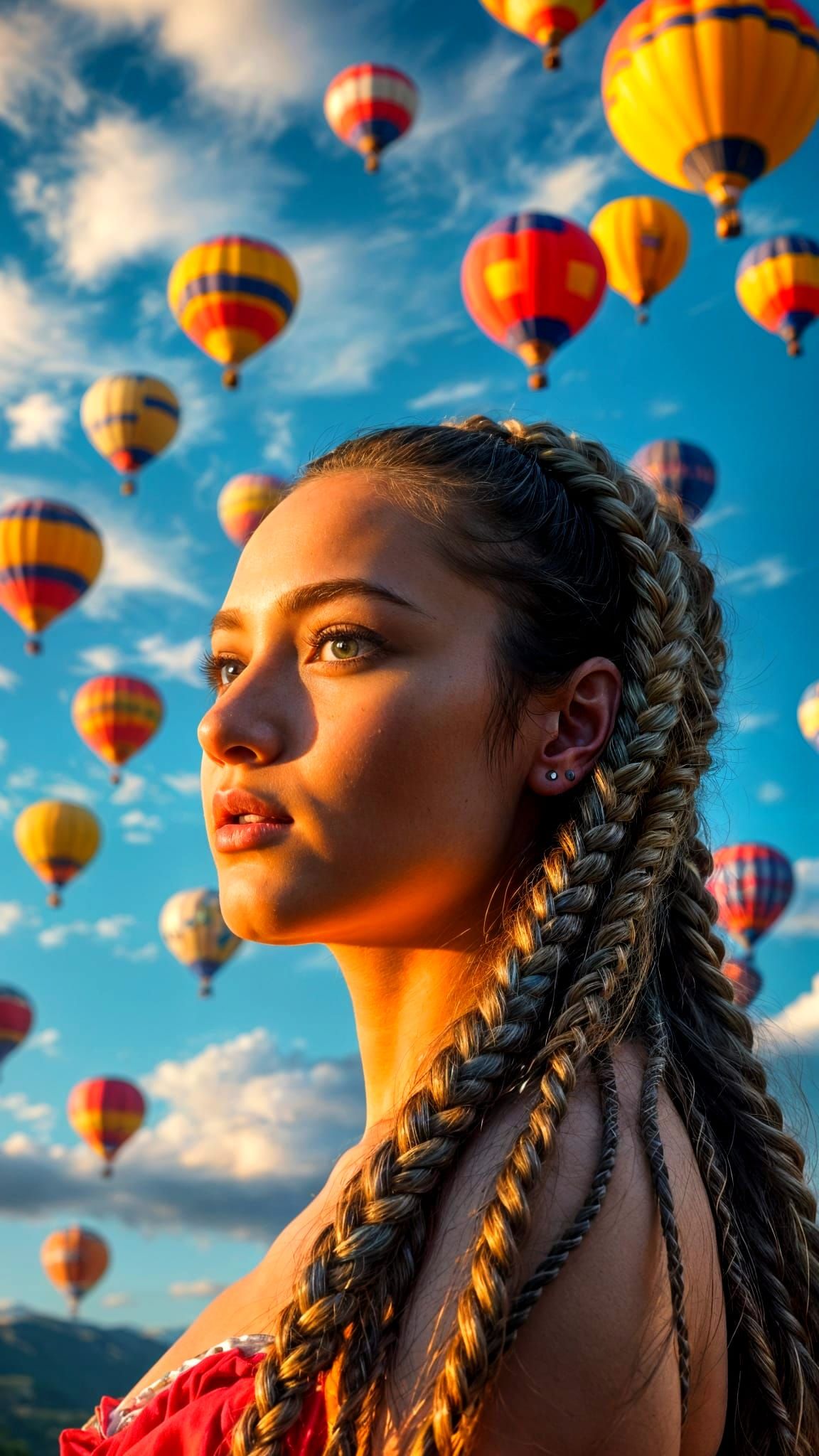 Golden Hour Goddess Ascends with Colorful Balloons
