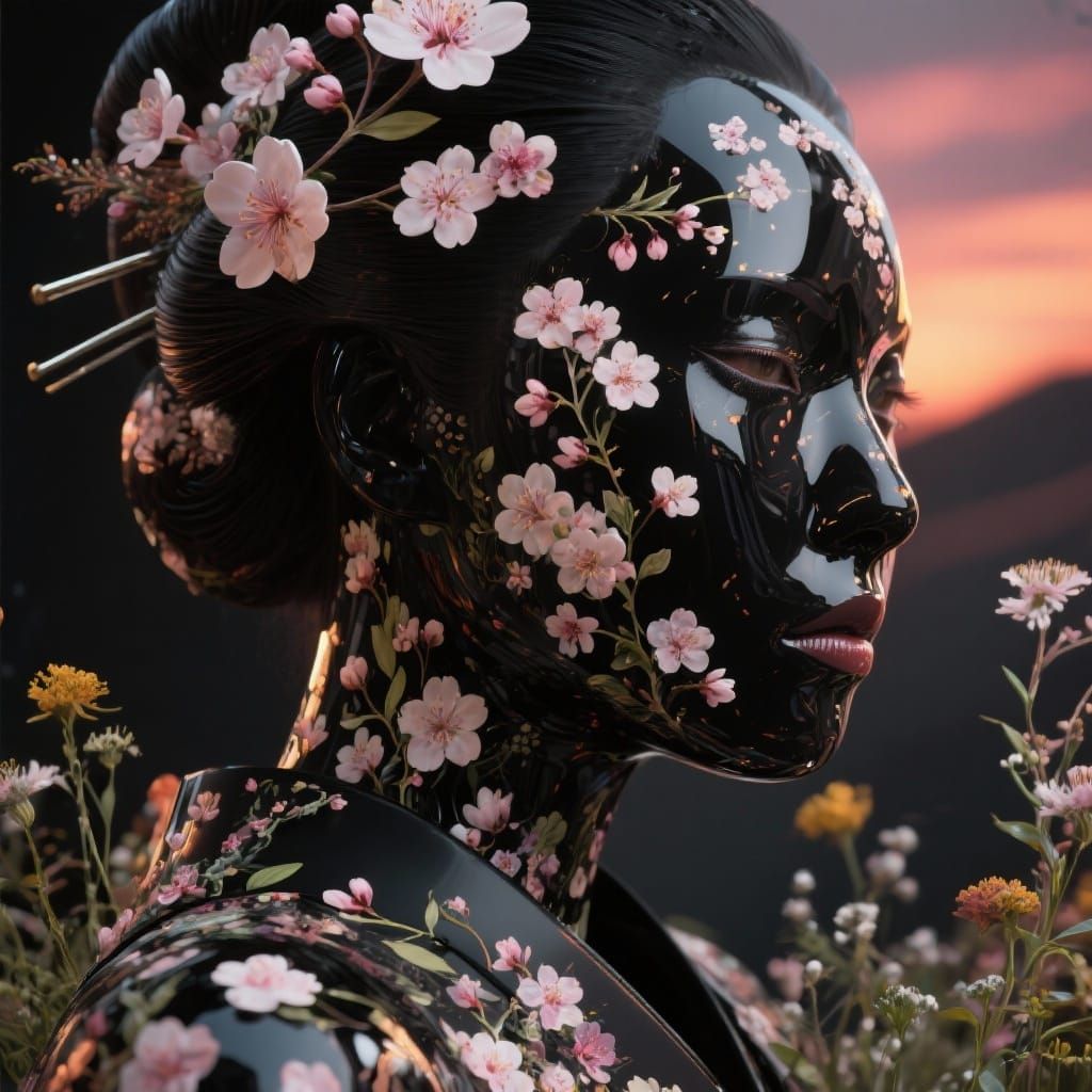 Futuristic Geisha Portrait with Floral Skin