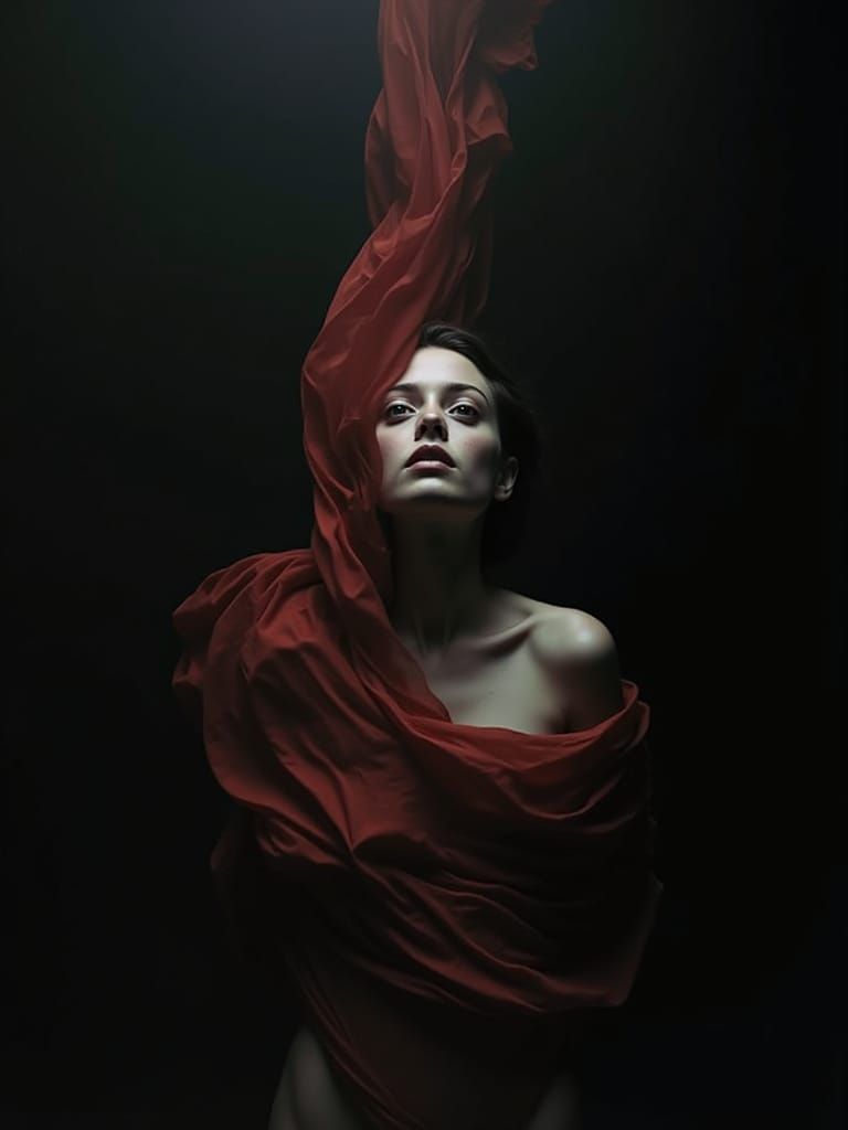 Crimson Dreamscape with Fragmented Form and Enigmatic Eyes