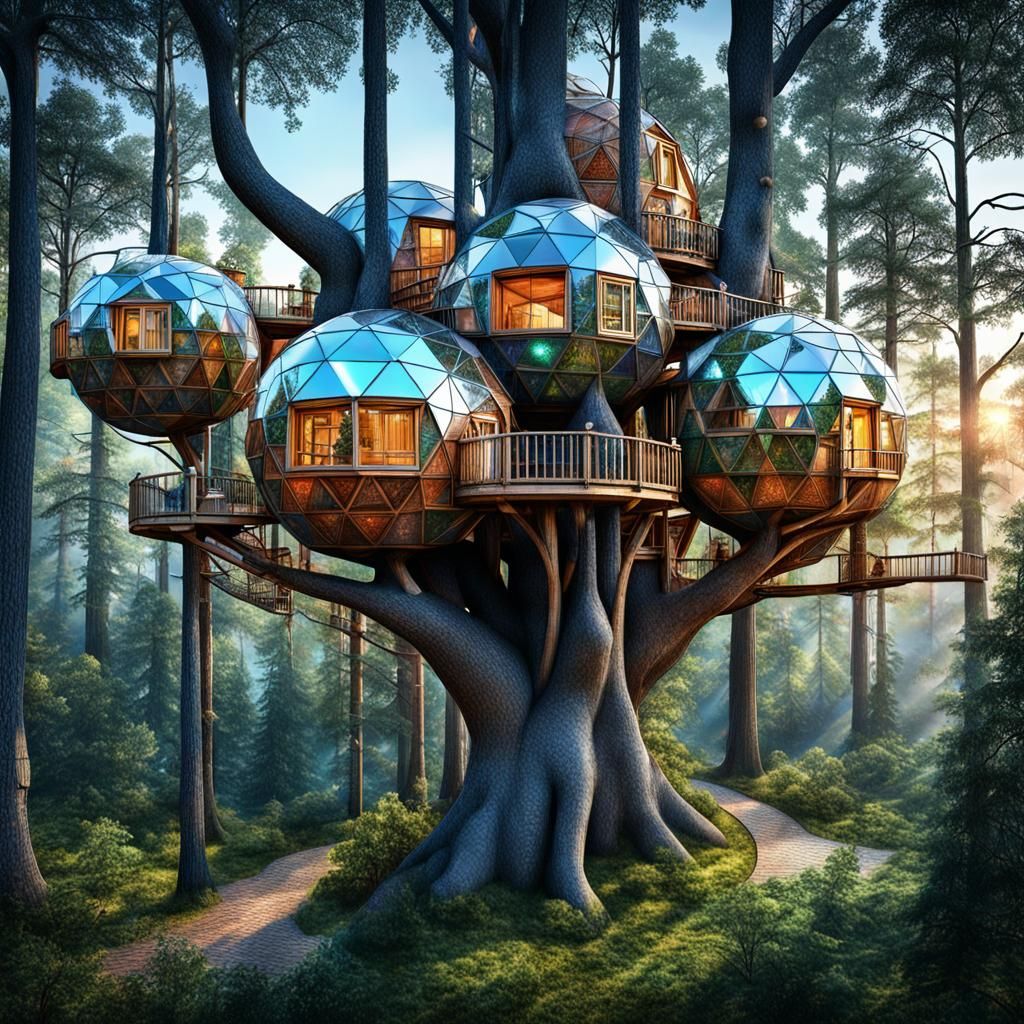 Geodesic Orb Tree Village in Hyperrealistic Style