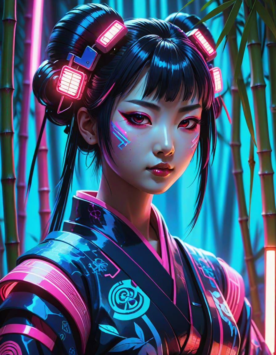Cyberpunk Geisha Portrait in Anime Style