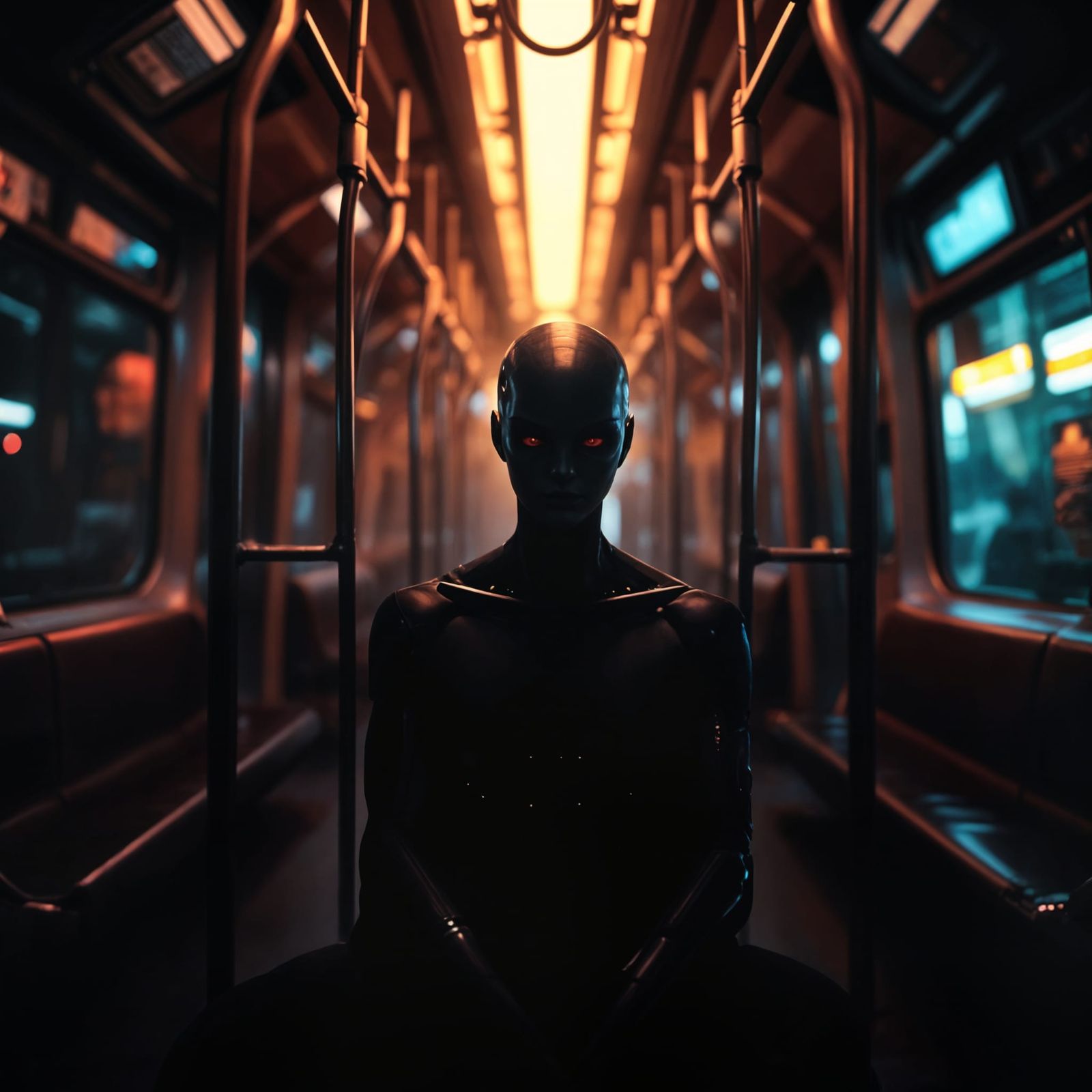 A hyper realistic scene, late at night, inside a dark unlit ...