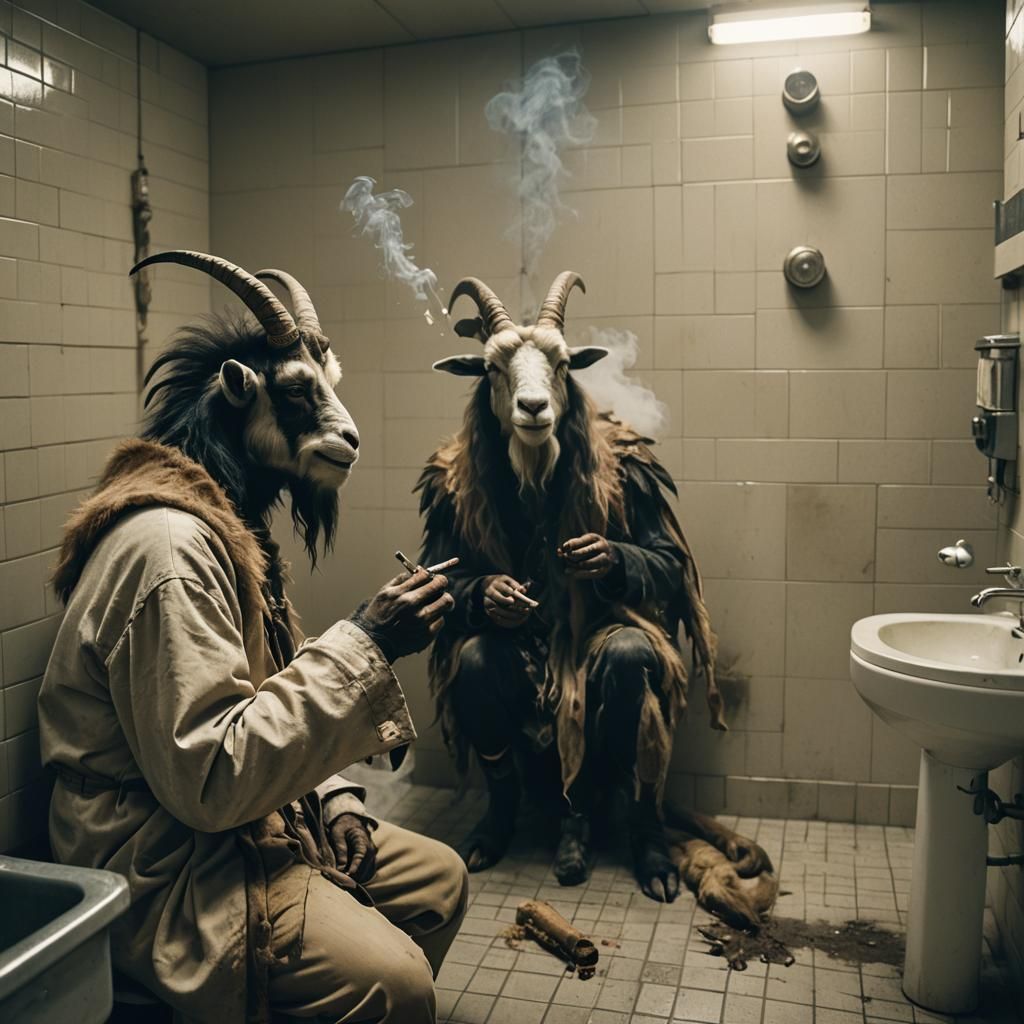 Goatmen Smoking in a Public Bathroom: Cinematic Still