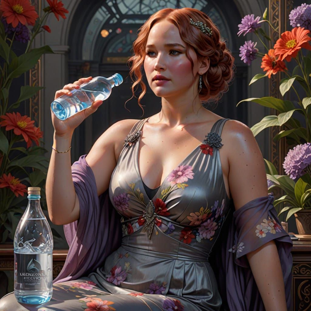 A Hydrated Plus Size Jennifer Lawrence in a Vibrant Floral D...