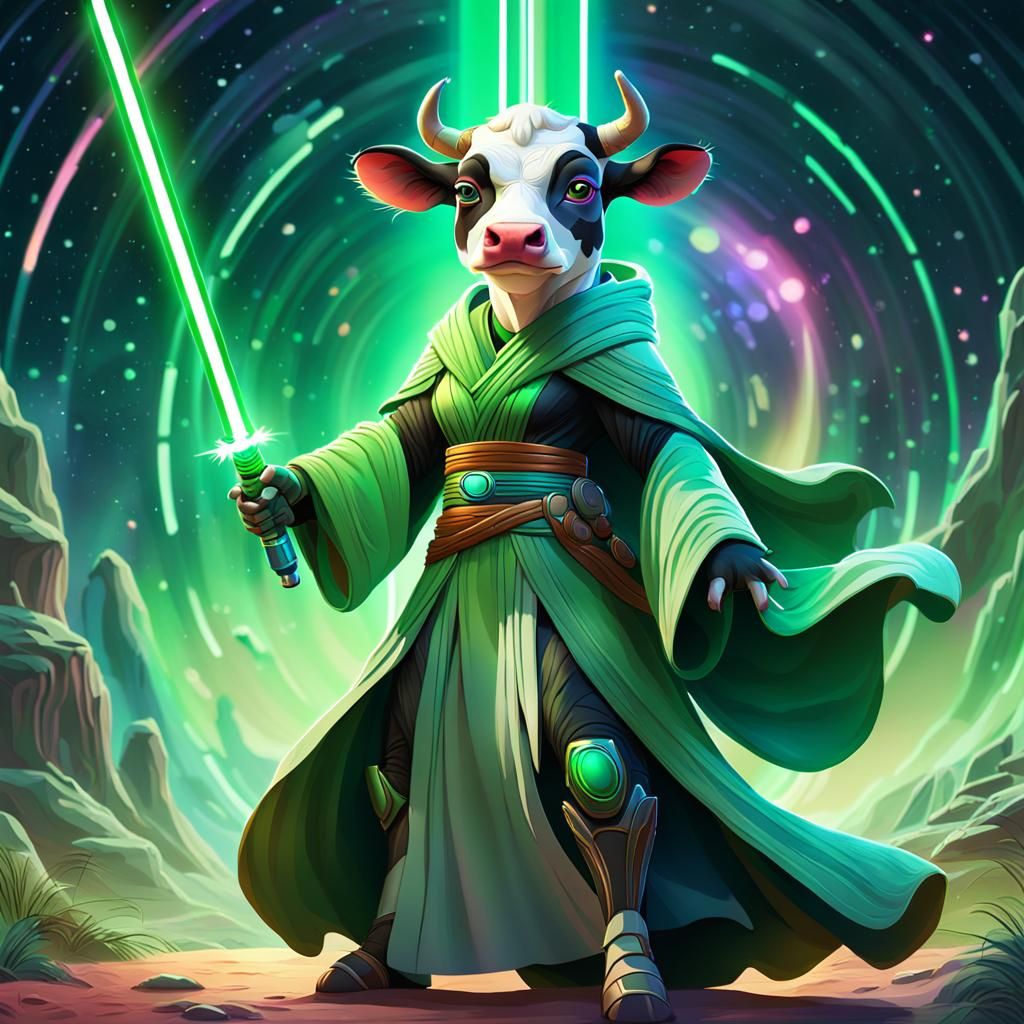 Cow Jedi with Lightsaber in Pixar Style