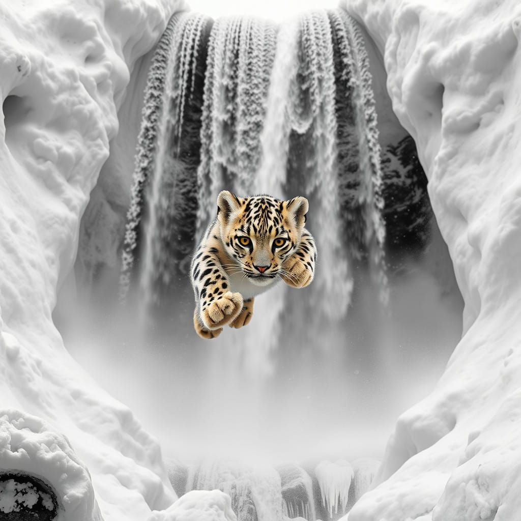 Majestic Snow Leopard Cub Leaps Through Majestic Waterfall i...