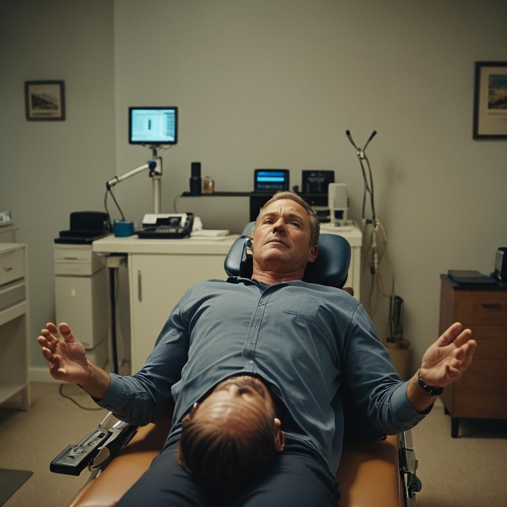 Man on Spinal Decompression Table: Cinematic Film Still