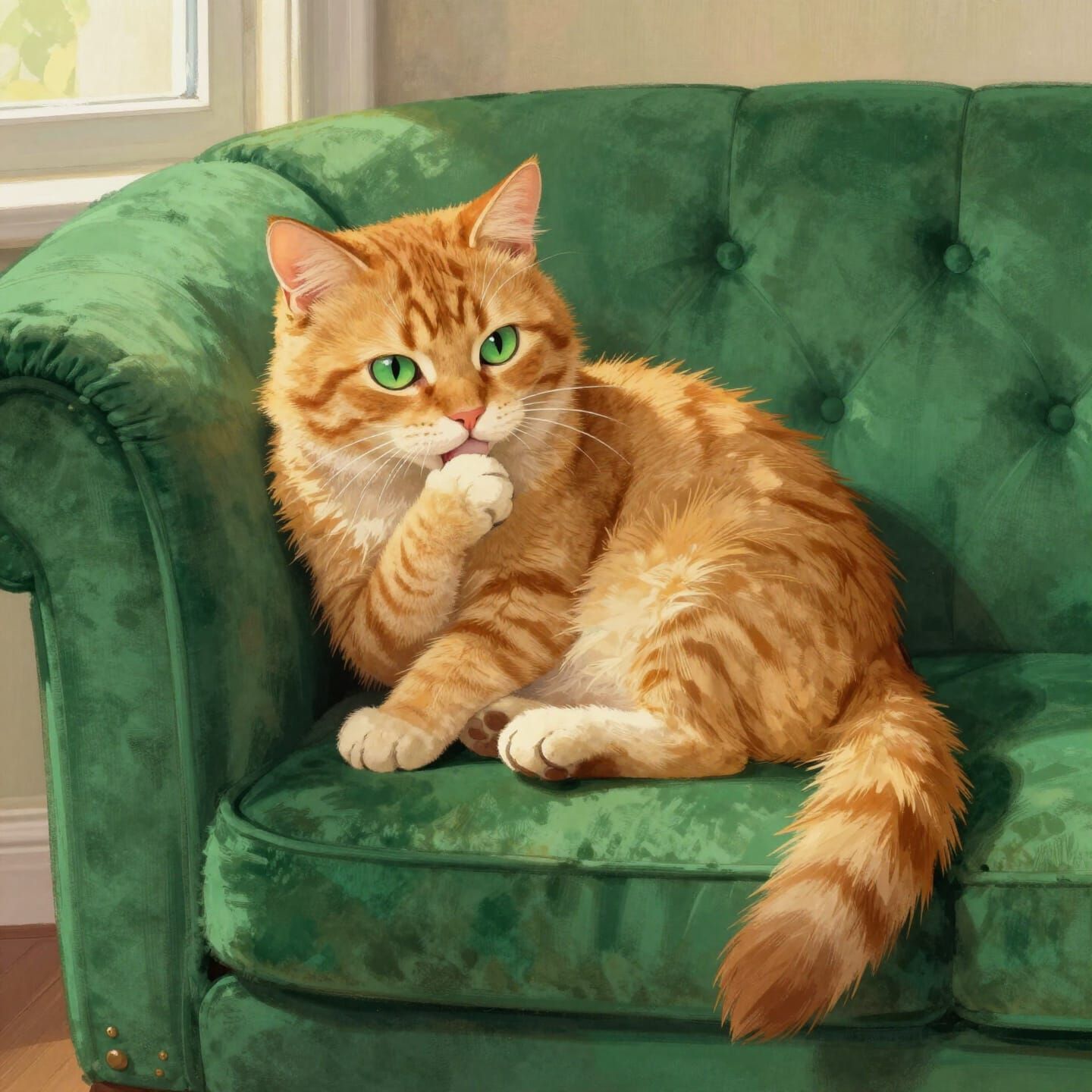 Fluffy Ginger Cat on Emerald Couch in Cozy Style