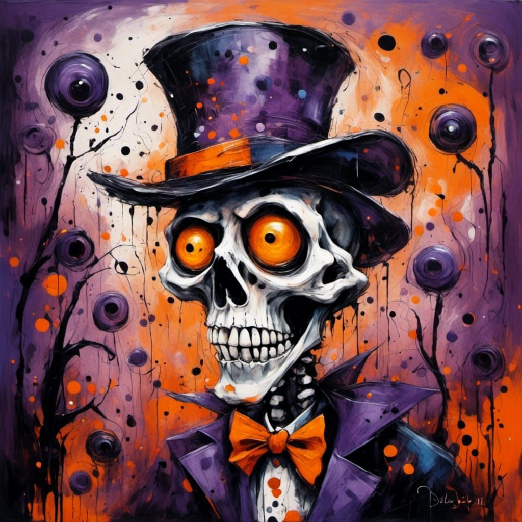 Surreal Halloween Skeleton Hatter Oil Painting