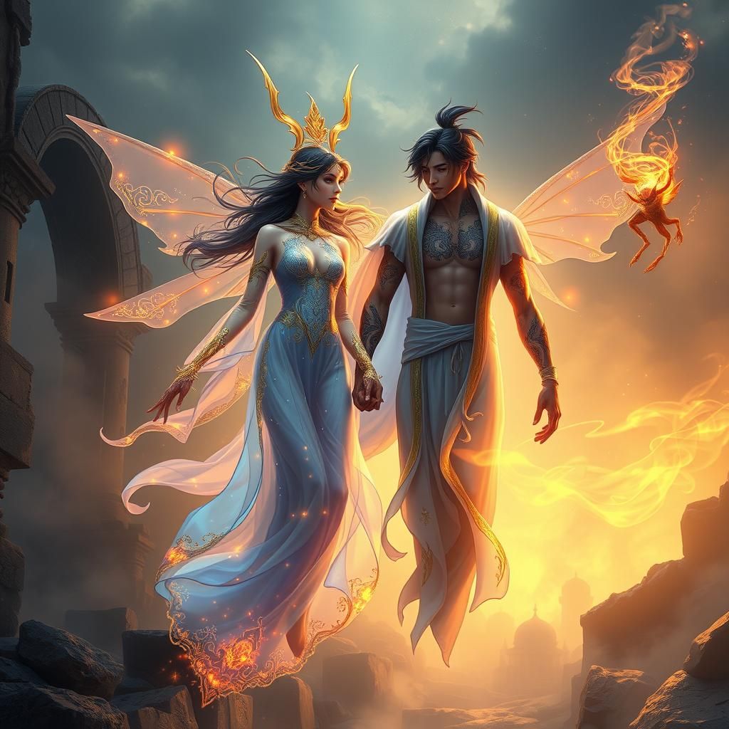 Ethereal Jinn Couple Floating Among Ancient Ruins