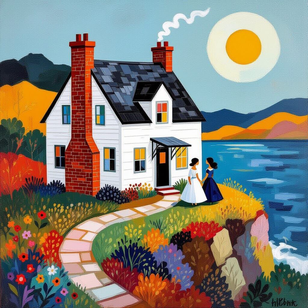 Sisters' Cottage on Cliff's Edge: Abstract Art