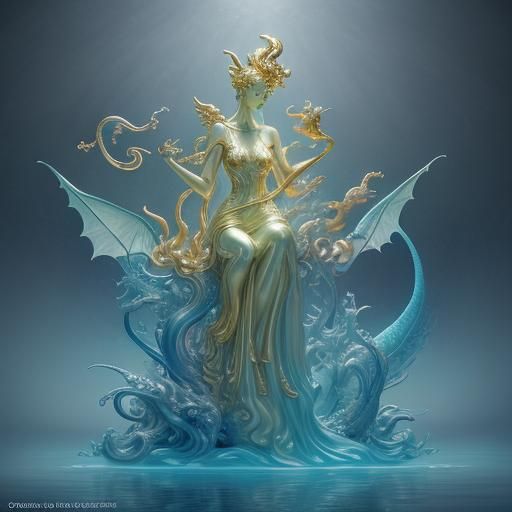 Dreamlike Glass Woman Sculpture with Dragons