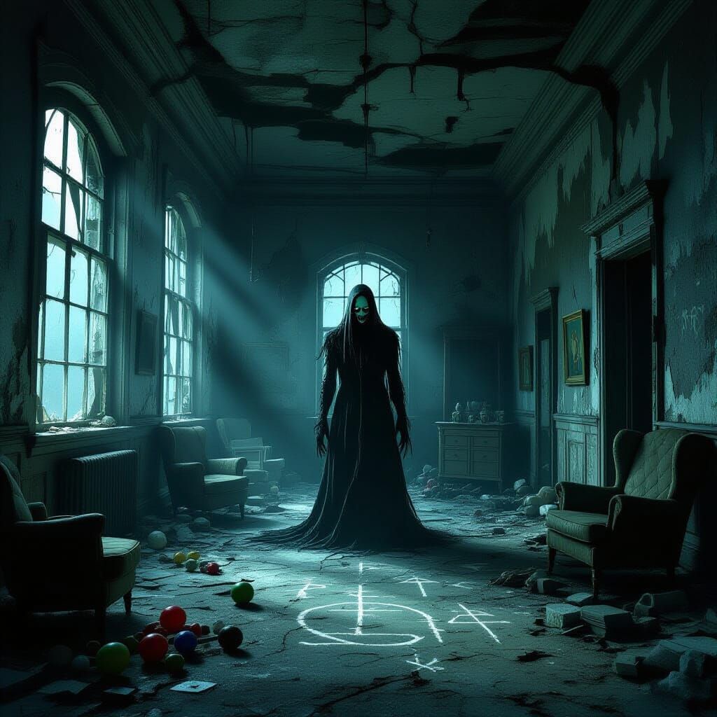 Eerie Figure in Decaying Building: Macabre Digital Art