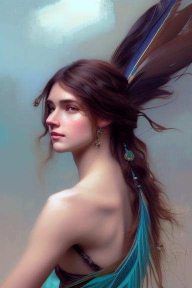 Feather Dress Portrait in Pre-Raphaelite Style