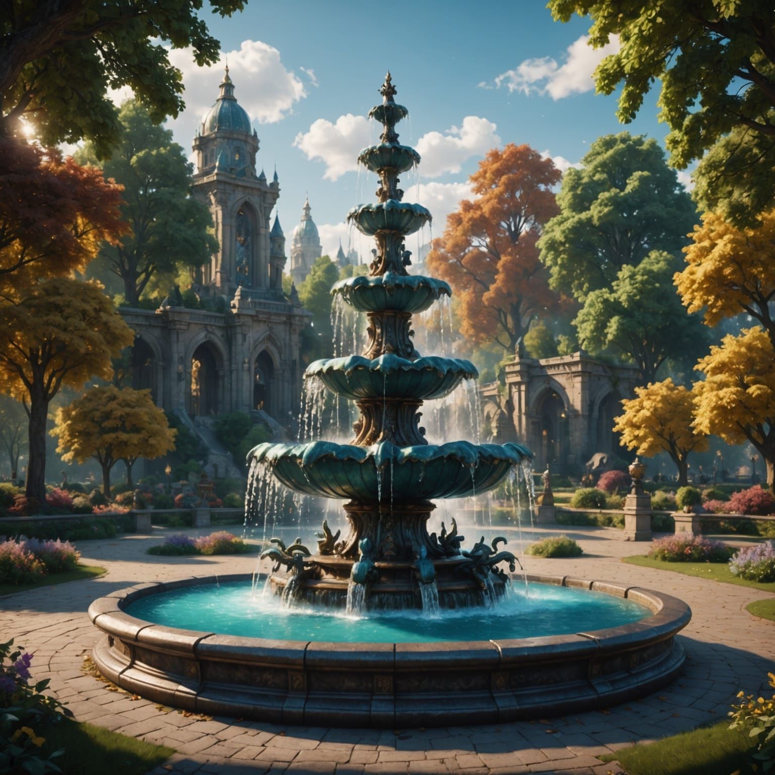 Crystal Fountain Fantasy Art in Park Setting