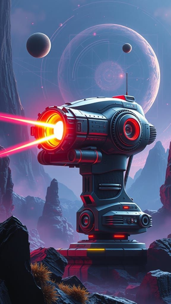 Sci-Fi Laser Turret in Metallic Armor with Neon Lights