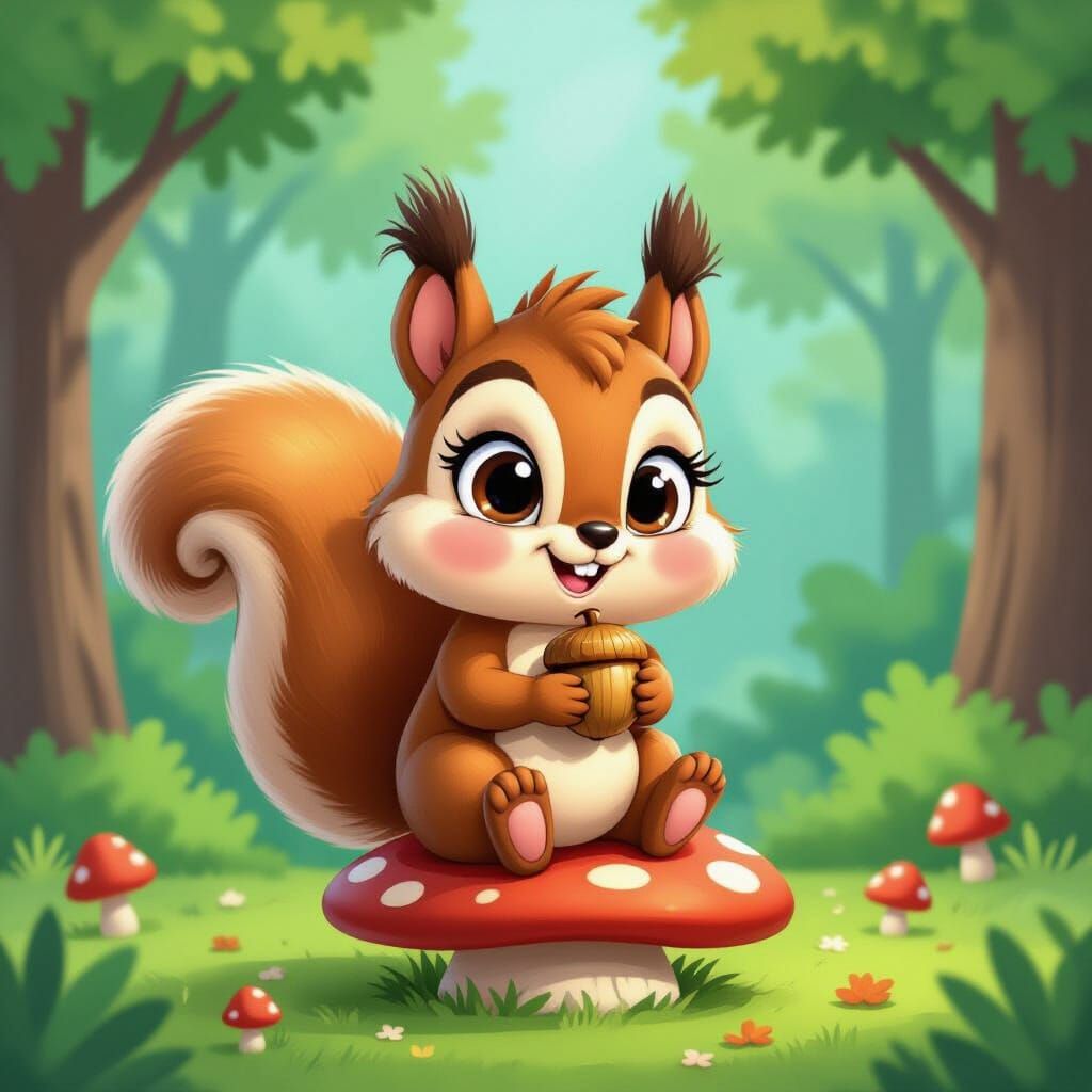 Cute Squirrel Cartoon Character in Whimsical Forest