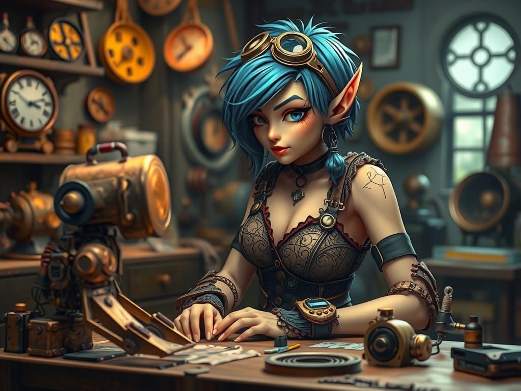 Steampunk Elf Inventor Tinkers on Epic Robot in Whimsical Wo...