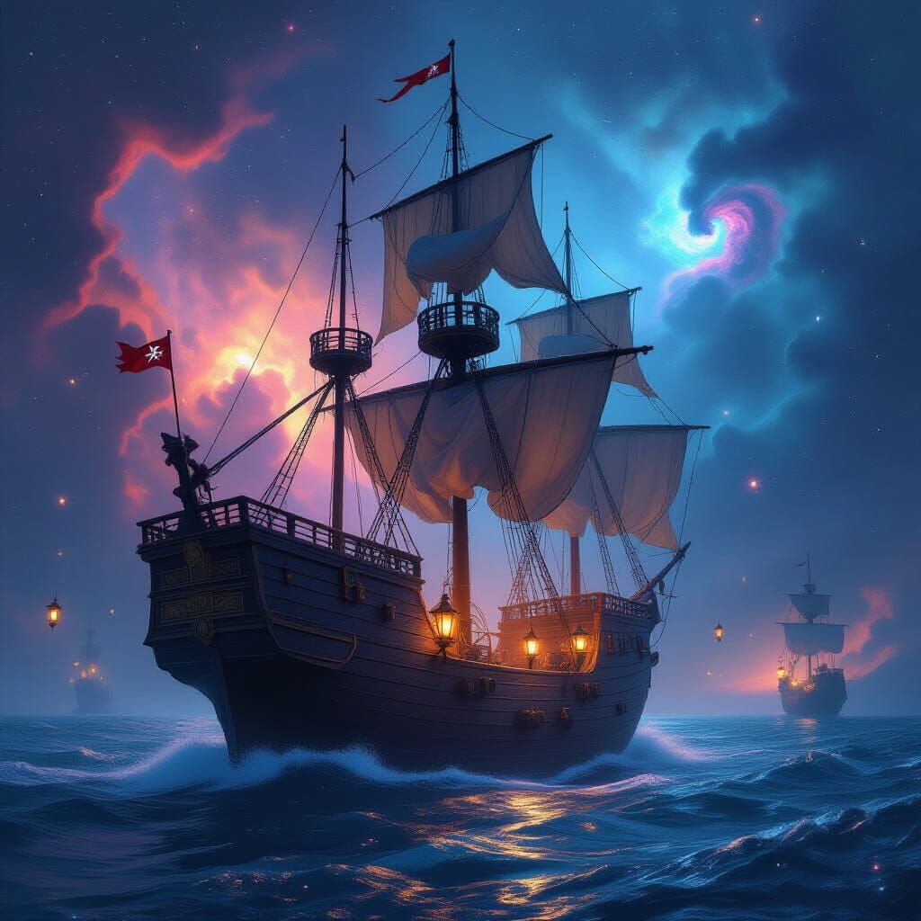 Pirate Ship Navigates Swirling Nebula in Epic Fantasy Style