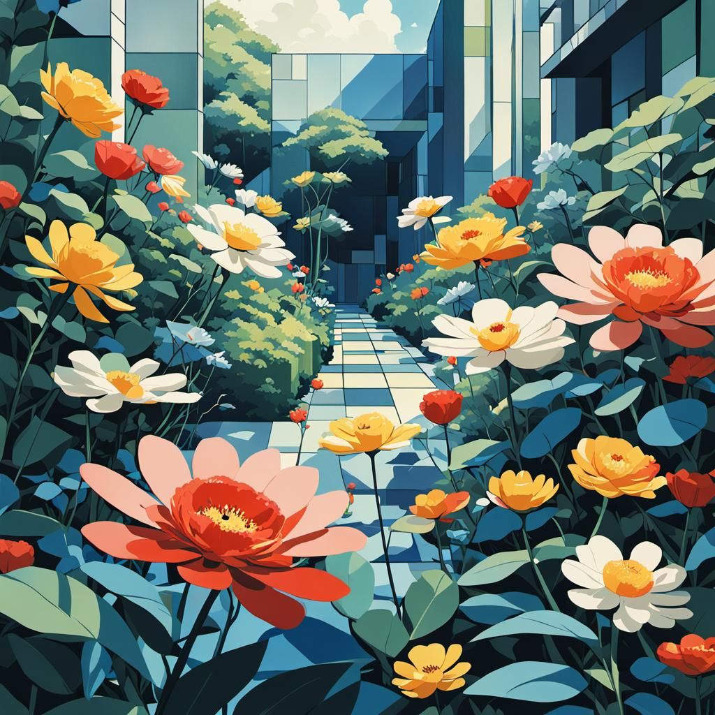 Geometric Floral Garden in Studio Ghibli Style