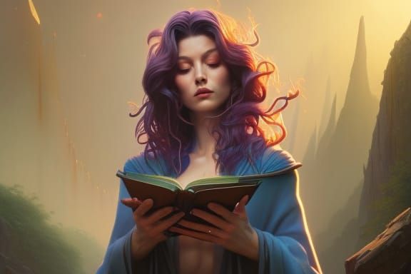 Elegant Wizard Reading in Magical Library
