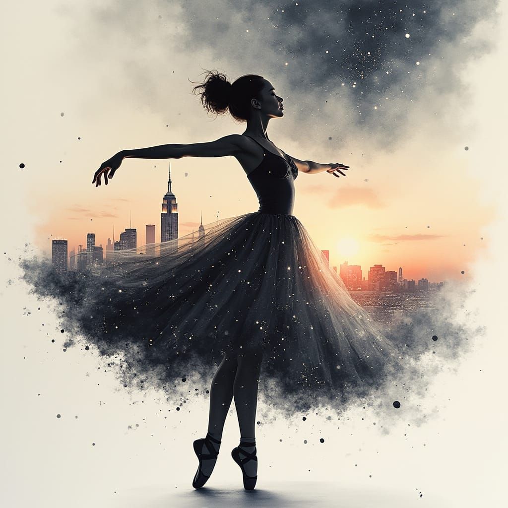 Ballerina Silhouette with Starry Sky and Sunset Cityscape in...