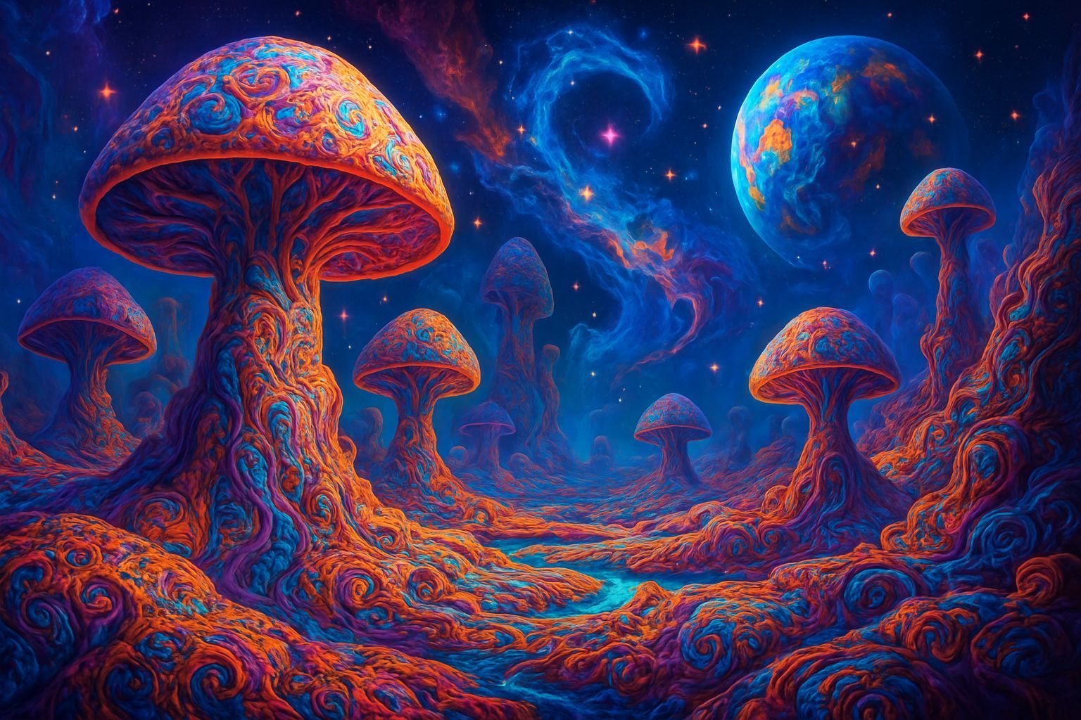 Cosmic Fractal Landscape in Psychedelic Art Style