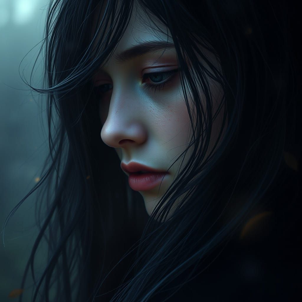 Melancholic Woman Enveloped in Haunting Whispers and Gloom