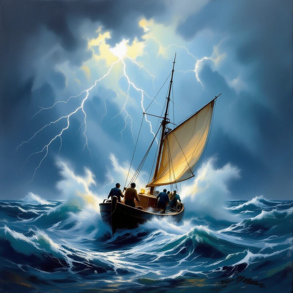 Fishermen Battle Fierce Storm at Sea in Dramatic Oil Paintin...