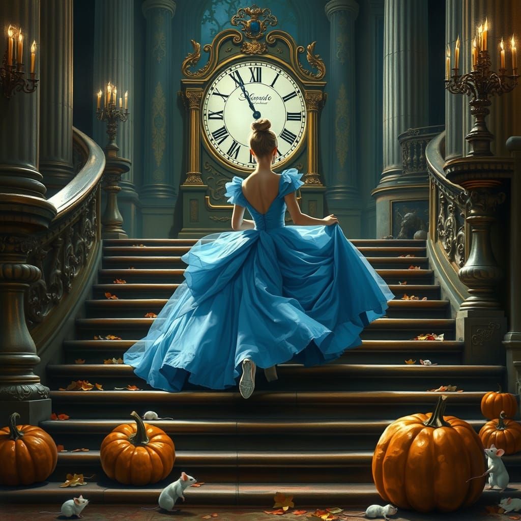Cinderella's Midnight Flight in Pre-Raphaelite Style