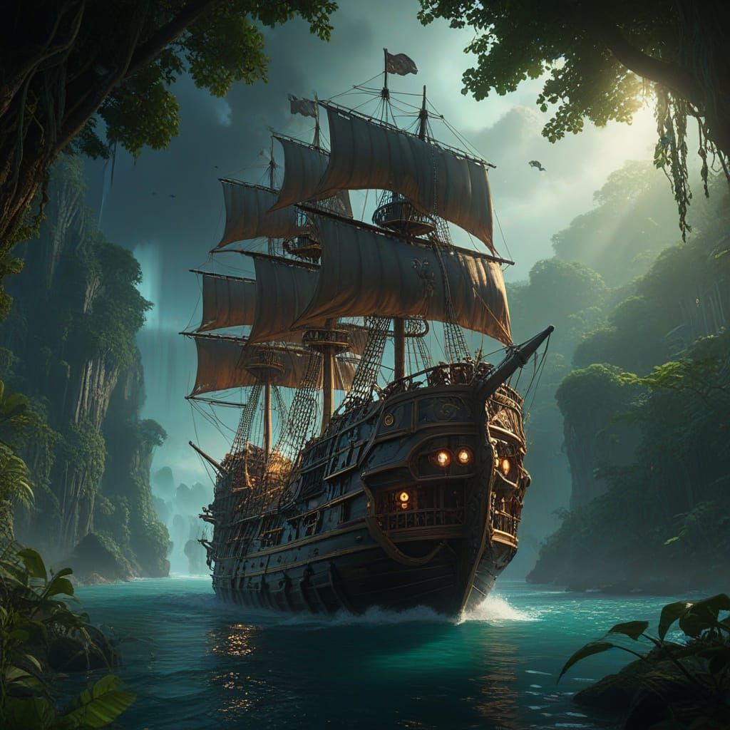 Steampunk Pirate Ship Sails Through Bioluminescent Jungle