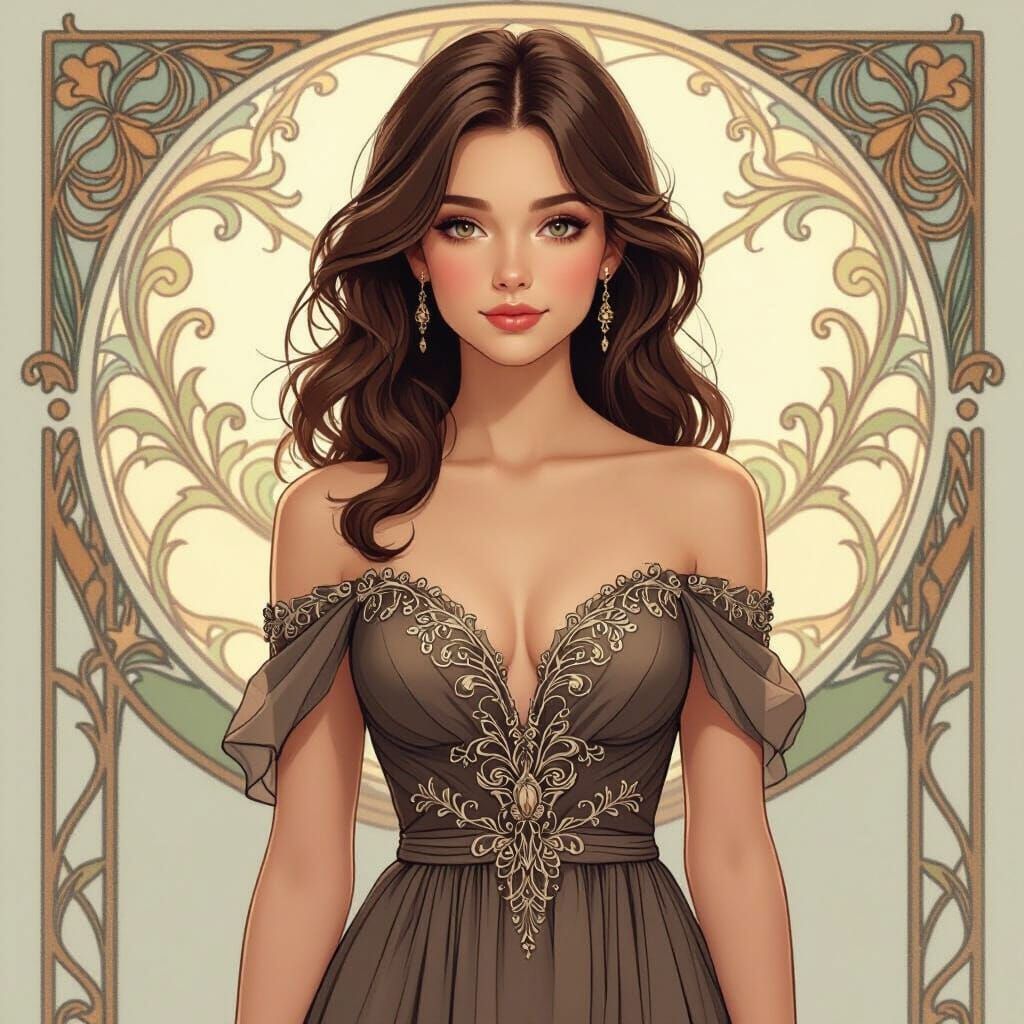 Girl in Art Nouveau Dress, Mucha Style