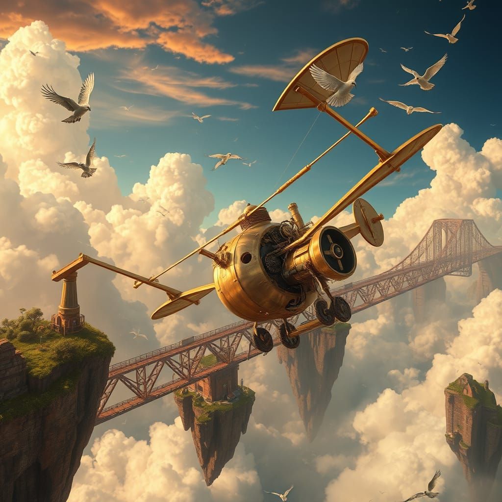 A steampunk ornithopter crafted from polished brass and copp...